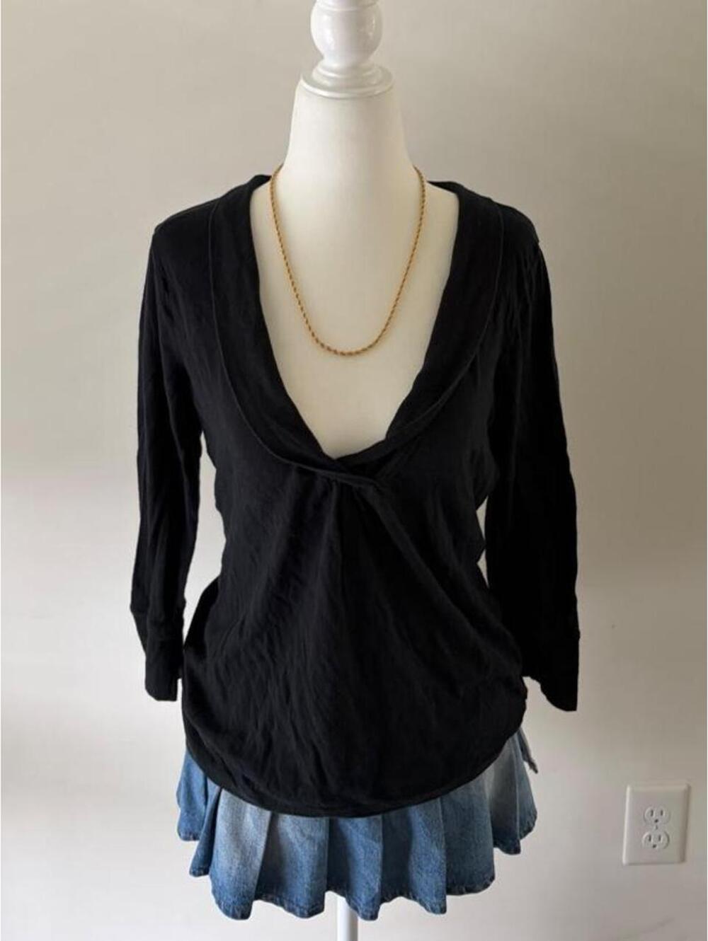 Y2K Black Twist Front Long Sleeve Top | Vintage Merona Surplice V-Neck Shirt